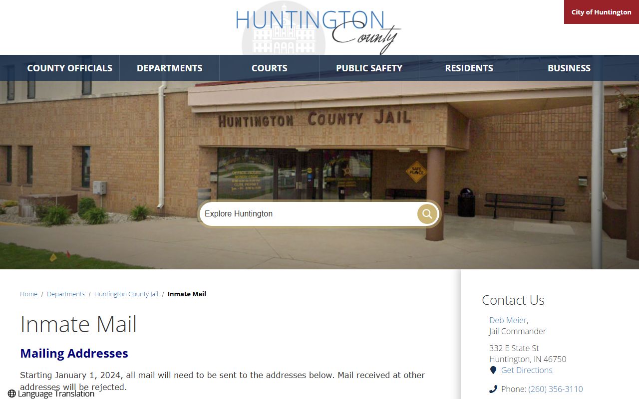 Huntington County Jail inmate mail address and jail mail rules