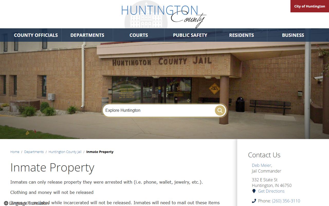 Huntington County Jail property release rules for inmates